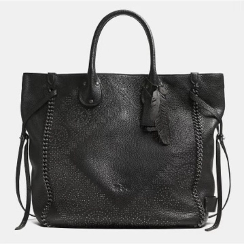 COACH RARE Tatum whipstitch Studded Black Leather Bag weekender 5 HANG TAGS EUC - Picture 2 of 15